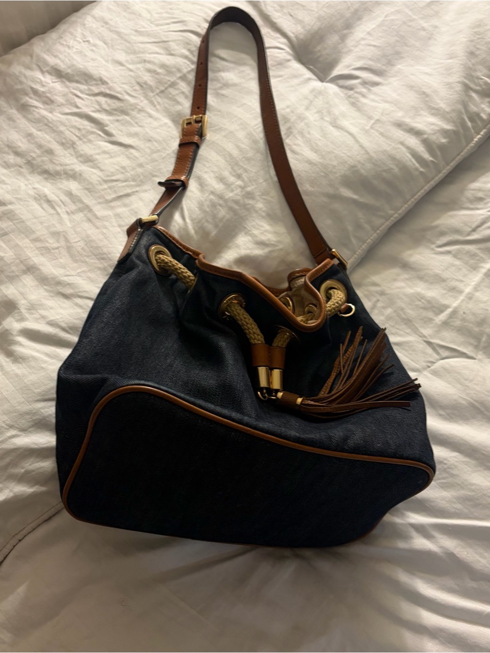 Michael Kors Navy Denim Hobo with Tan Leather Trim & Gold Hardware